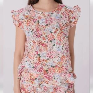 Solitaire Ruffle Sleeve & Hem Floral Embroidered Eyelet Top Size Medium